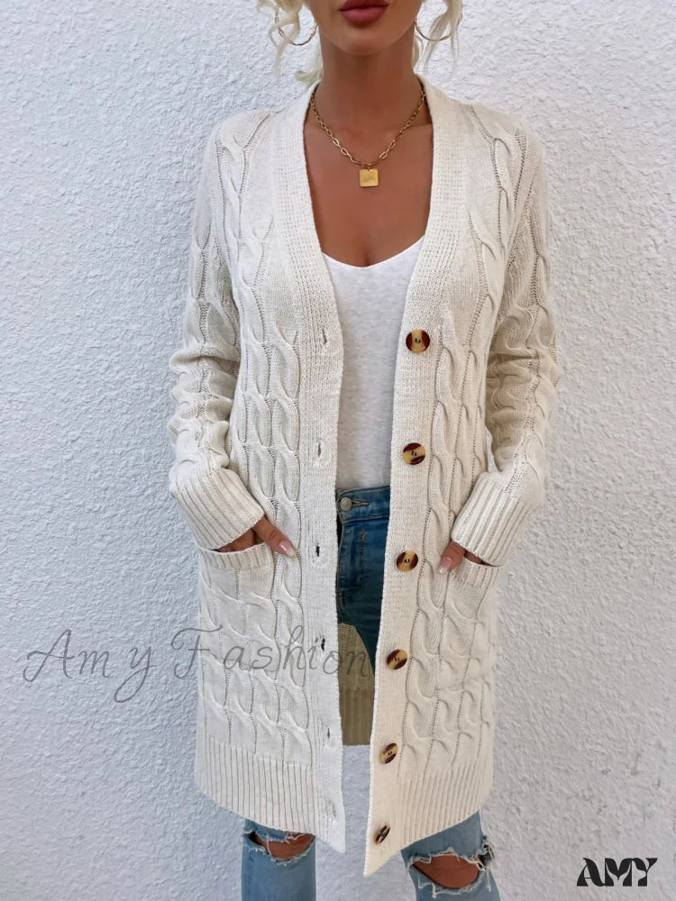 Amy Fashion - New Long Coat Twisted Rope Solid Color Knitted Cardigans Unique Women's Upcycled
