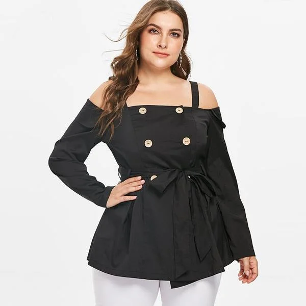 ANALUKE Cold Shoulder Double Breasted Long Sleeve Blouse