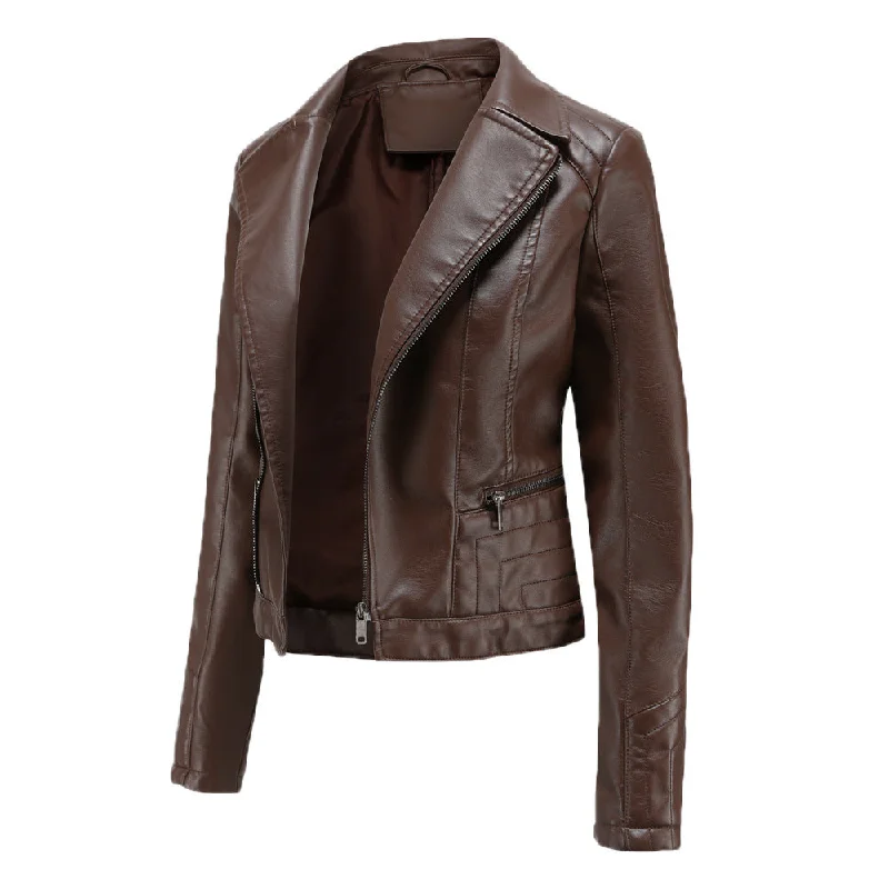 Womens Fashion Lapel Spring And Autumn Washed PU Leather Jacket