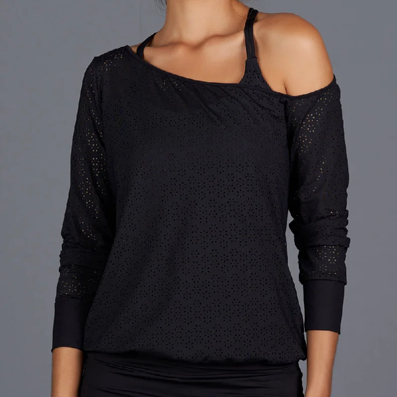 All Season Sheer Off-one-Shoulder Pullover Top (black)