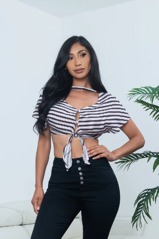 'Pin Up Doll' Striped Cap Sleeve V Neck Button and Tie Front Crop Top in White, Black & Red (N346T) Hip Women's Urban