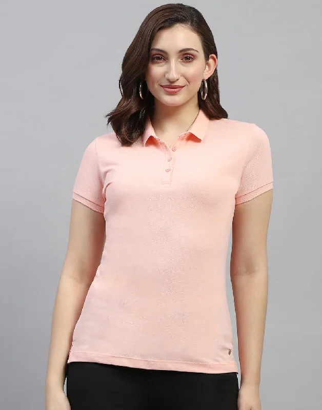 Women Peach Solid Polo Collar Half Sleeve T Shirt Dapper Women's 1920S