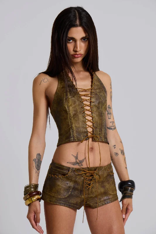 Vaca Whipstitch Faux Leather Corset Cozy Women's Sherpa - lined