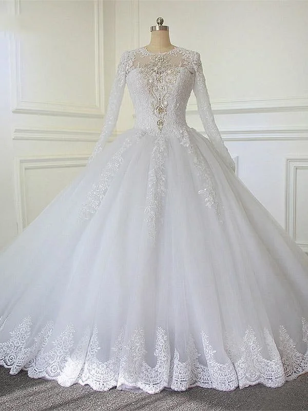 Luxury Long Sleeves Crystals Ball Gown Wedding Dress with Train Youthful Women's Pop