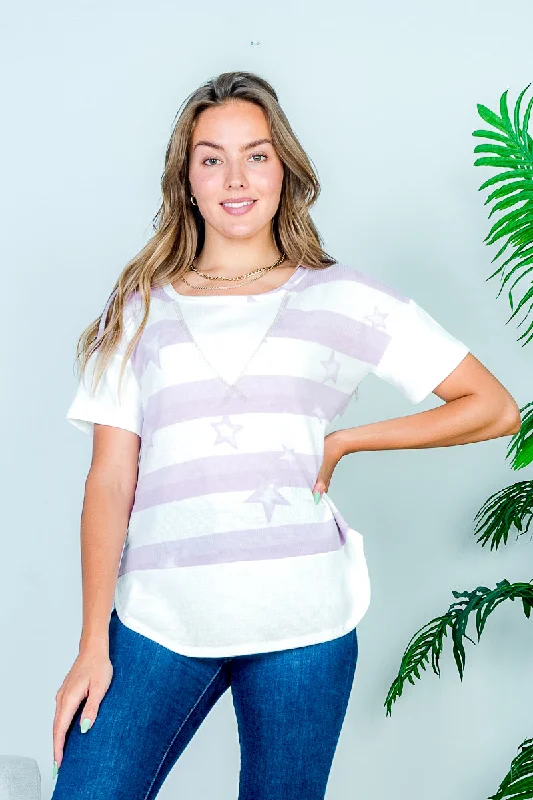 Stars & Stripes Print Drop Shoulder Short Sleeve Striped Waffle Knit Tee with V-Stitch Insert and Dolphin Hem (HT10487) Casual Women's Japanese 