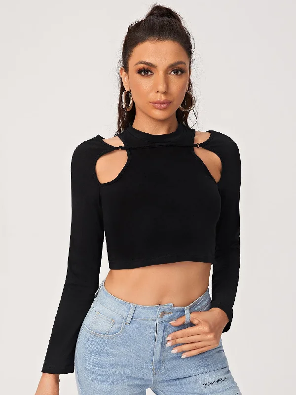 Sexy Plain Cut Out Long Sleeve Stand Collar Crop Women Top