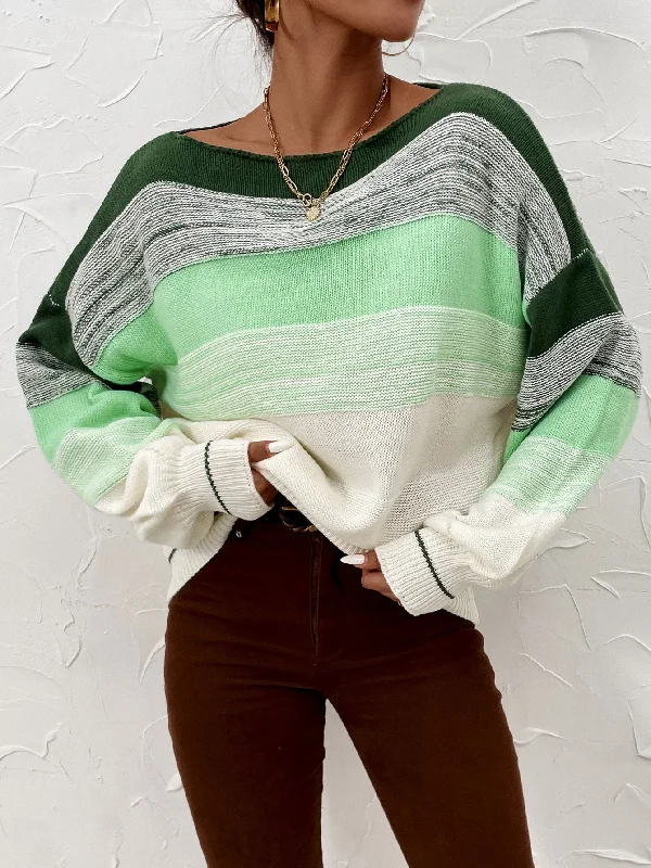 Casual Colorblock Long Sleeve Boat Neck Regular Women Sweater Youthful Women's Pop