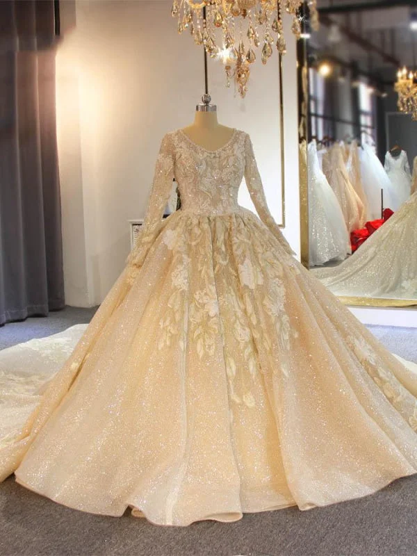 Shinny O-Neck Long Sleeves Wedding Dresses with Long Train Cool Women's Skate
