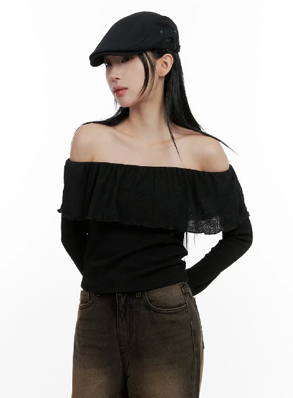 Ruffle Charm Off Shoulder Crop Top CN408 Relaxed Women's Beachy