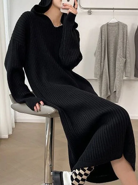 VibeMartini-Casual Hooded Knitted Long Dress Refined Women's Classic 