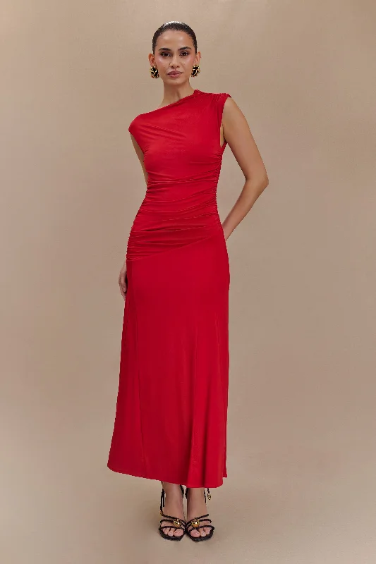 Navanna Asymmetric Slinky Midi Dress - Red Geometric
