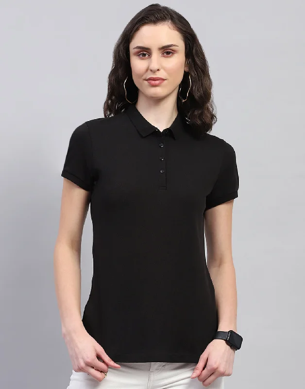 Women Black Solid Polo Collar Half Sleeve T Shirt European