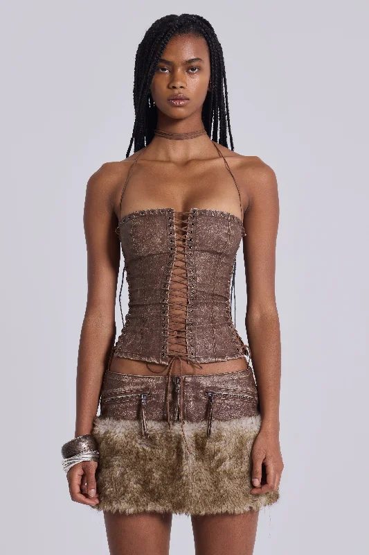 Odile Brown Faux Leather Lace Up Corset Polished Women's Silk