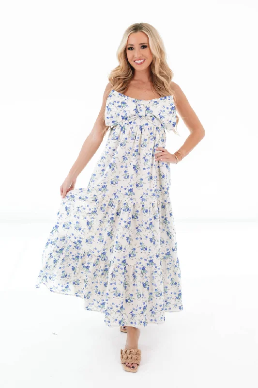 Beautiful Brunch Midi Dress - Cream/Blue Sophisticated Women's 