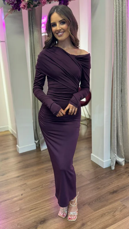 Sheridan Purple Off Shoulder Wrap Effect Midi Dress Youthful Women's Anime - inspired
