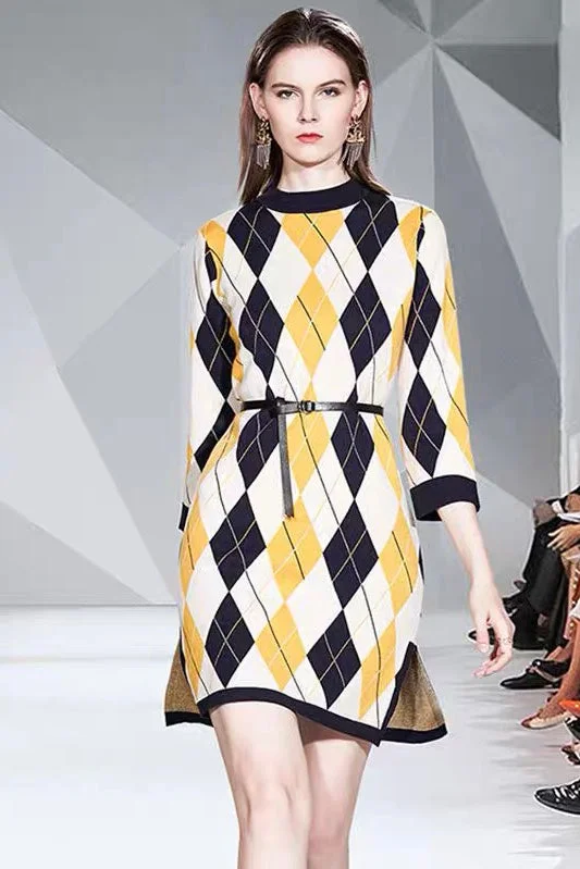 Diamond Pattern Sweater Dress French