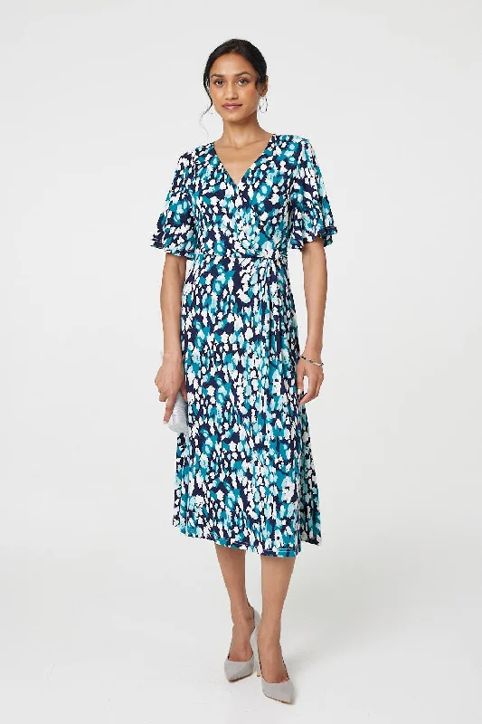 Animal Print V-Neck Midi Wrap Dress Modern Women's 