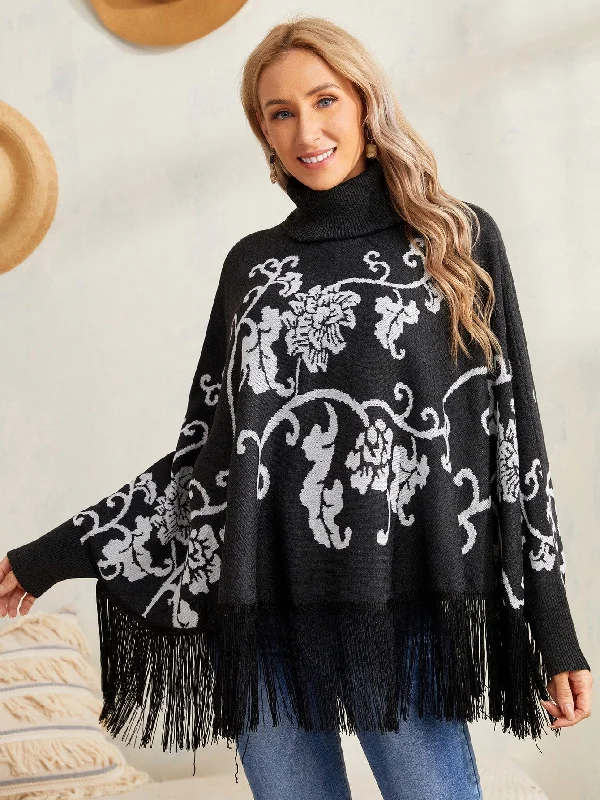Elegant Floral Fringe Long Sleeve High Neck Regular Women Sweater British Gentlewoman Style Elegant Floral Fringe Long Sleeve High Neck Regular Women Sweater British Gentlewoman Style