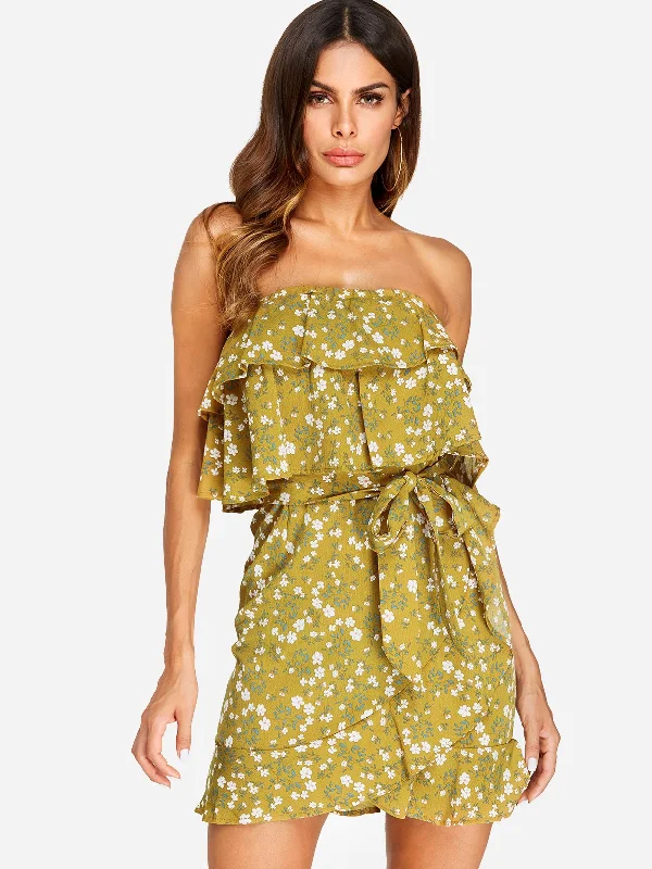 Wholesale Yellow Strapless Sleeveless Floral Print Tiered Self-Tie Flounced Hem Mini Dresses