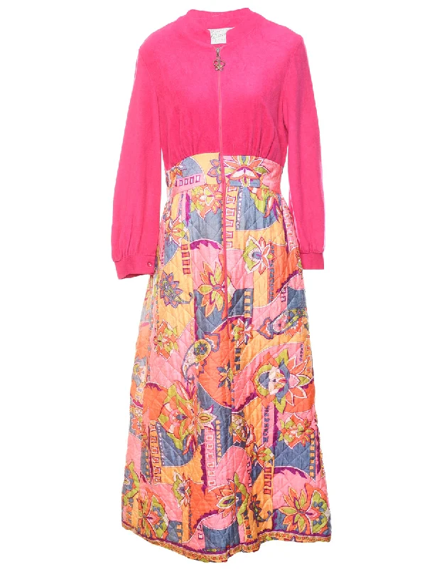1970s Floral Print Quilted Maxi Dress - M Monochromatic Office Style