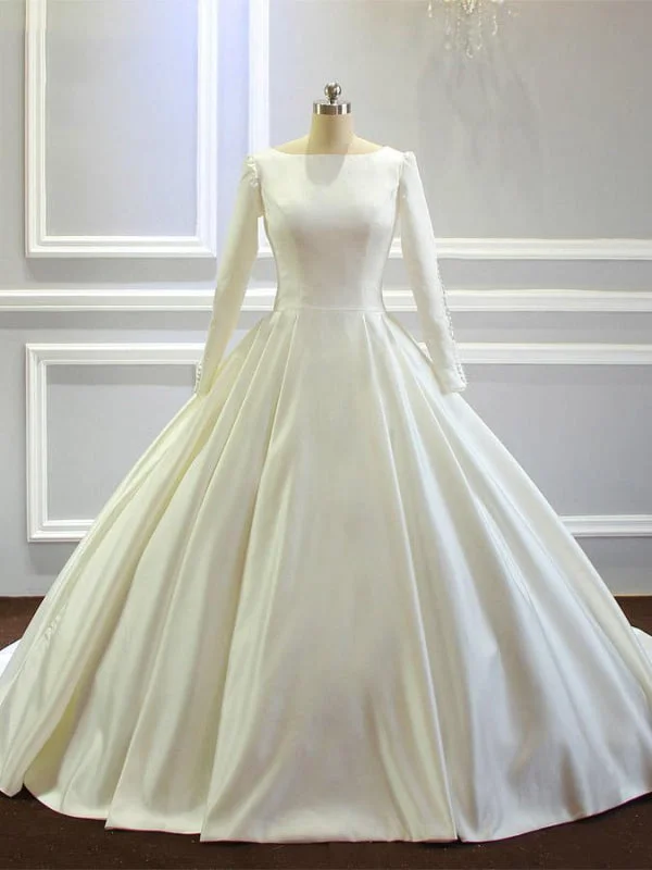 Simple Long Sleeves Satin Wedding Dresses with Train Scandinavian