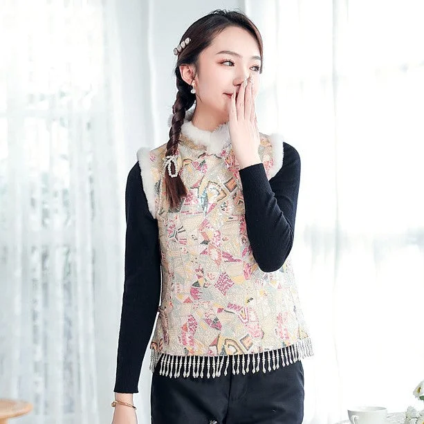 Copy of Fur Collar & Cuff Chinese Style Thick Waistcoat Vest with Tassels