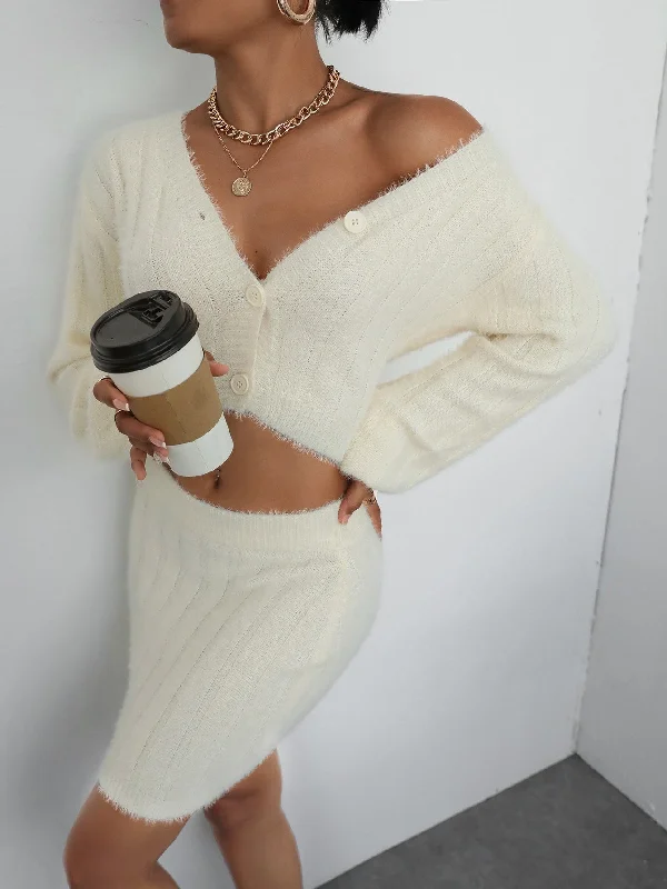 Elegant Plain Button Front Long Sleeve Deep V Neck Women Sweater Co-Ords Confident Women's High - fashion
