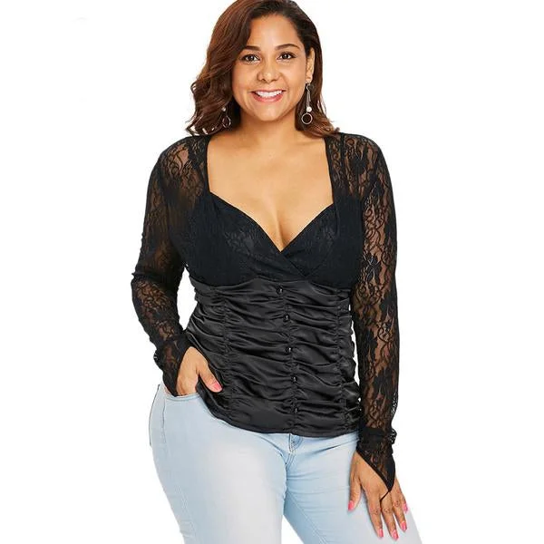 ANALUKE Buttons Lace Panel Ruched Long Sleeve T-Shirt Earthy Women's 