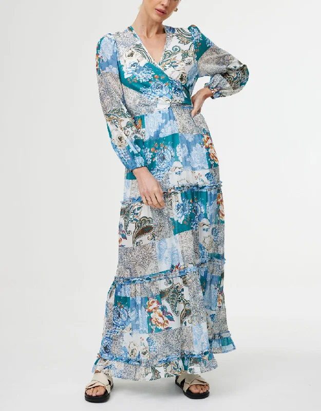 Lili Maxi Dress - Cyan Patchwork Trendy Women's Oversized