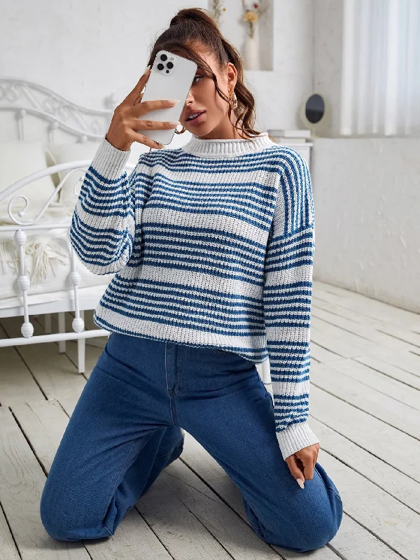 Casual Striped Long Sleeve Stand Collar Regular Women Sweater European