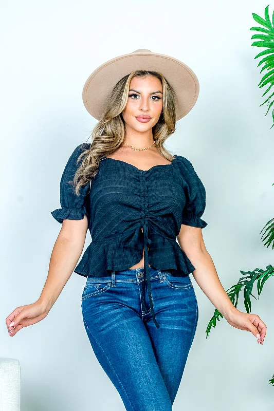 Peplum Crop Top with Drawstring Front and Ruffled Short Puff Sleeves (Y21062) Dapper Women's 1920S Peplum Crop Top with Drawstring Front and Ruffled Short Puff Sleeves (Y21062) Dapper Women's 1920S