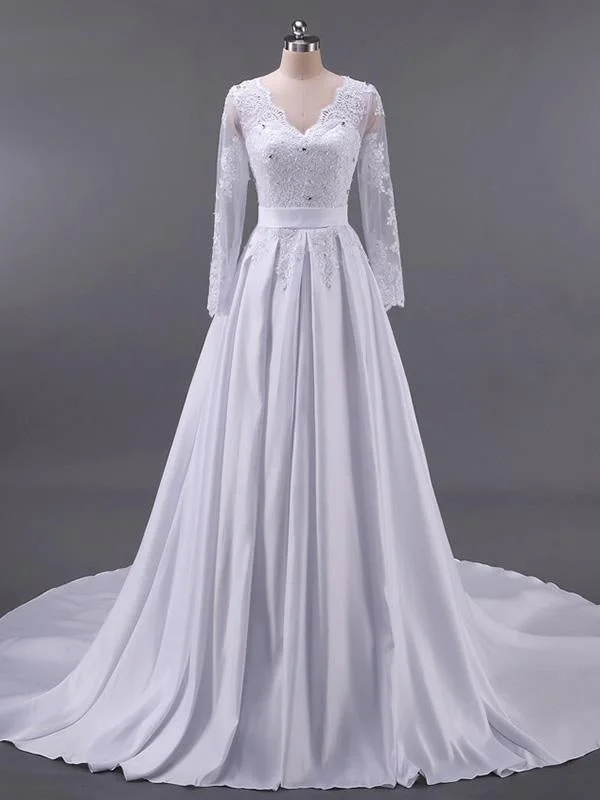 V-Neck Long Sleeve Lace Appliques A-Line Wedding Dresses Modern Women's Tech