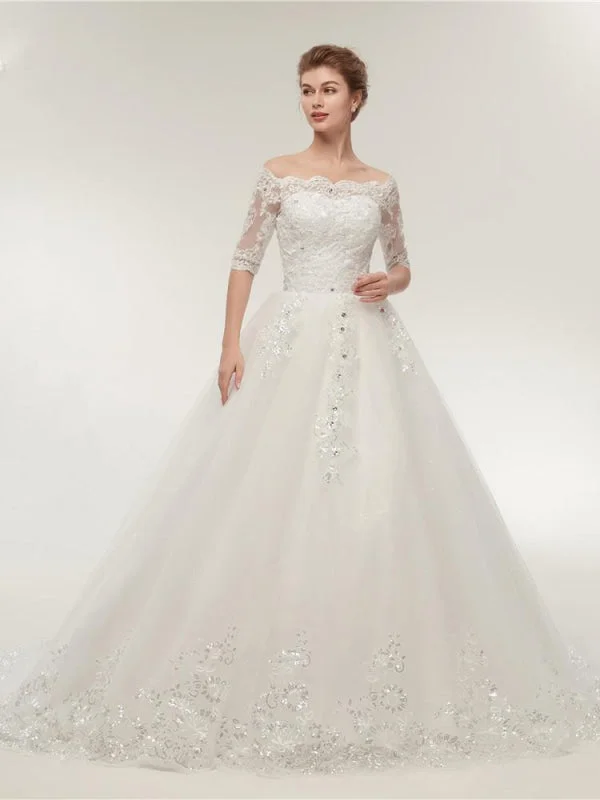 Off-the-Shoulder Half Sleeves Lace Ball Gown Wedding Dresses Cashmere