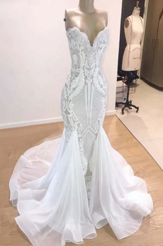Elegant White V-Neck Mermaid Lace Wedding Dresses Classic Women's Tweed