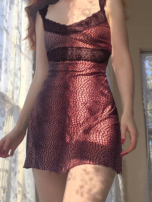 BerryBetty - Lace Paneled Dalmatian Print Strap Mini Dress Polished Women's Silk