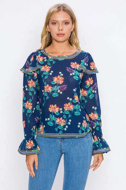 Floral Blouse W/ Bishop Sleeves Feminine Women's Soft 