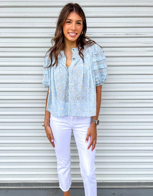 TAKE ME AWAY BLUE EYELET PLEATED TOP Street