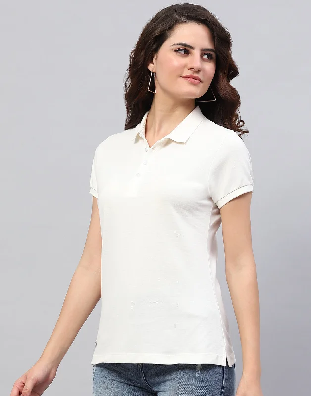 Women Off White Solid Collar Half Sleeve T-Shirt Practical Women's Quick - dry