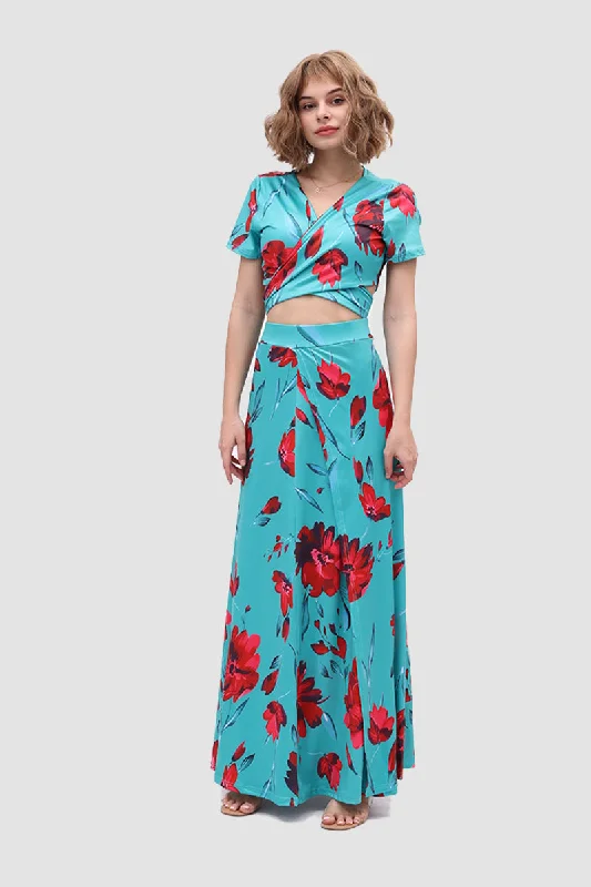 V-neck Allover Floral Side Slit Two-Piece Dress Street