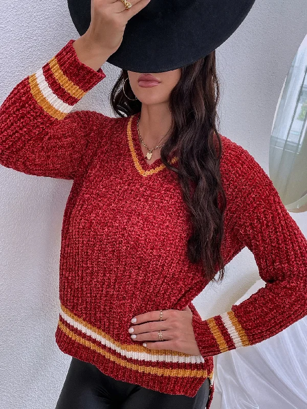 Casual Striped Long Sleeve V Neck Regular Women Sweater Cozy Women's Winter