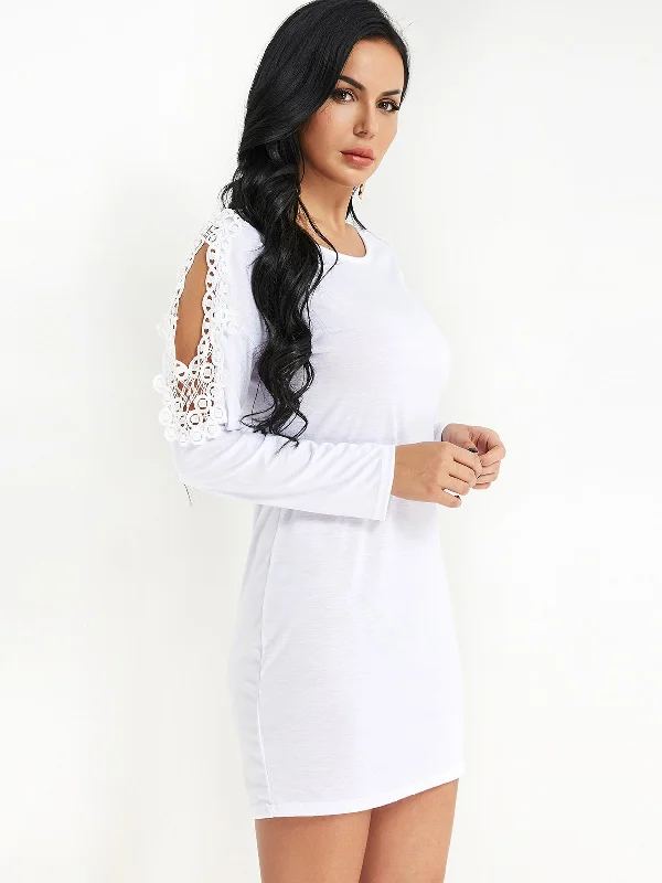 Wholesale Round Neck Cold Shoulder Lace Long Sleeve Bodycon Hem White Mini Dress Luxurious Women's High -  end
