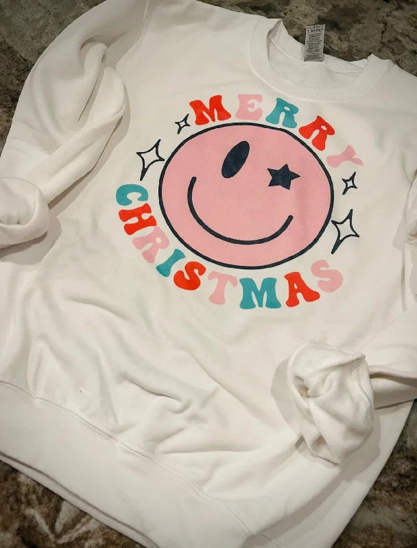 Smiley Merry Christmas Sweatshirt Classic Women's Pin - striped