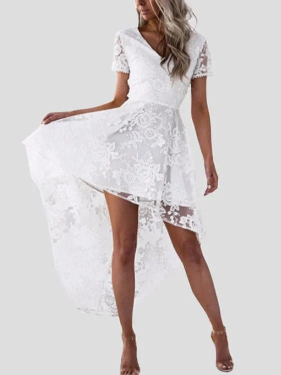 Wholesale White V-Neck Short Sleeve Sheer Lace Backless Lace-Up Irregular Hem Mini Dress Adventure