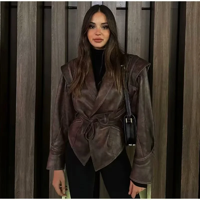 All-match Retro Green Collar Single-breasted With Belt Leather Coat Women Sleek Women's 