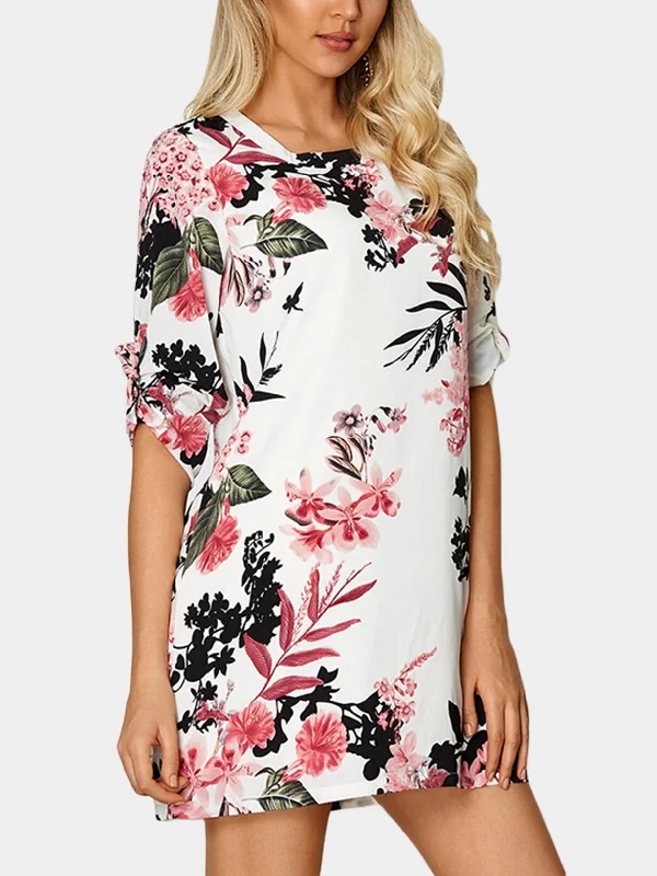 Wholesale Round Neck Half Sleeve Floral Print Self-Tie White Mini Dress Cool Women's Distressed
