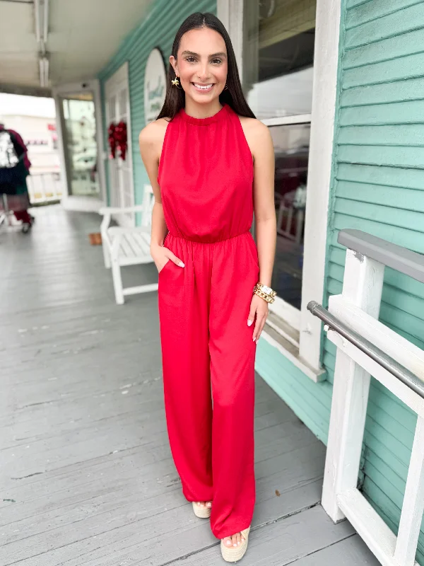 The Gloria High Neck Jumpsuit-Red Sporty Women's Tennis