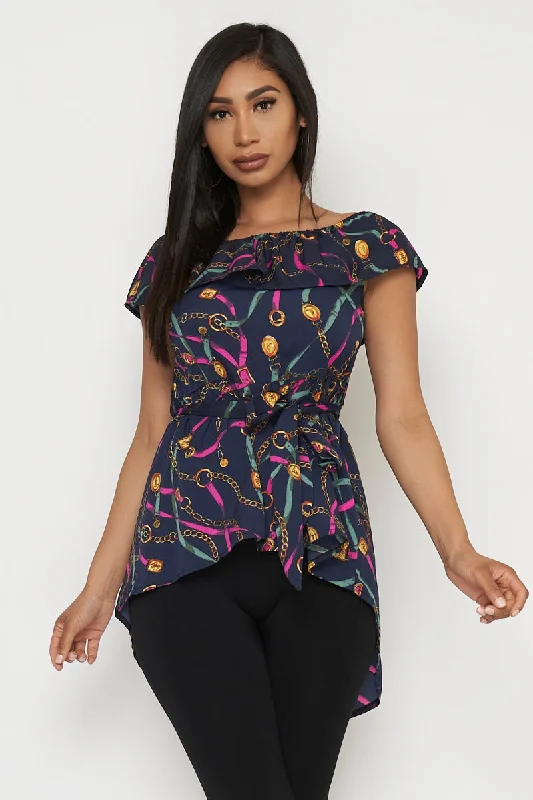 Gold Chains Printed Elastic Neckline Short Sleeve Hi-Low Top With Tie In Navy (1817#) Preppy Women's College