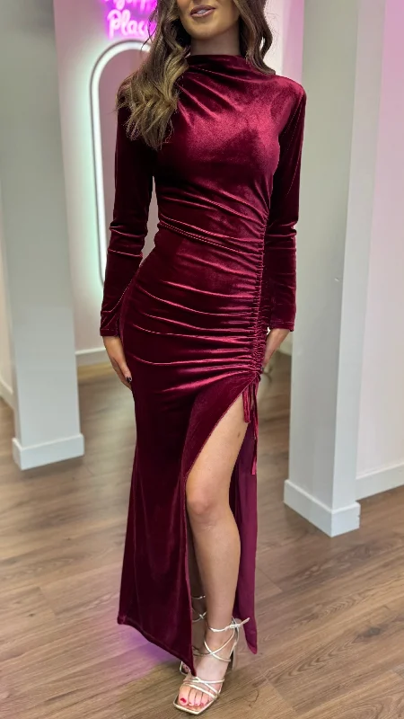 Sibyl Burgundy High Neck Velvet Ruched Tie Detail Midi Dress Monochromatic All - in - one