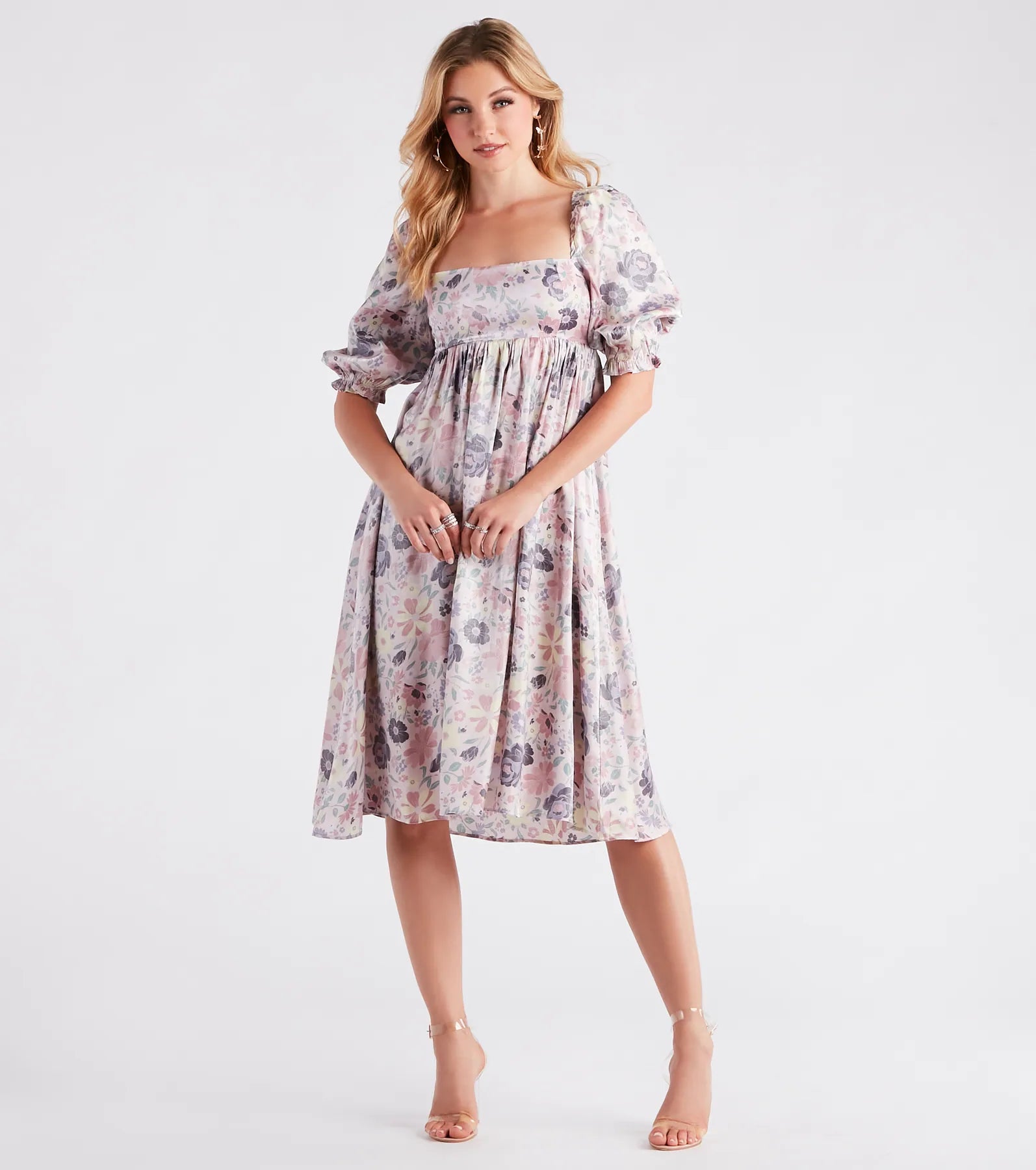 Take In The Beauty Satin Floral Midi Dress Laid - back Women's Style
