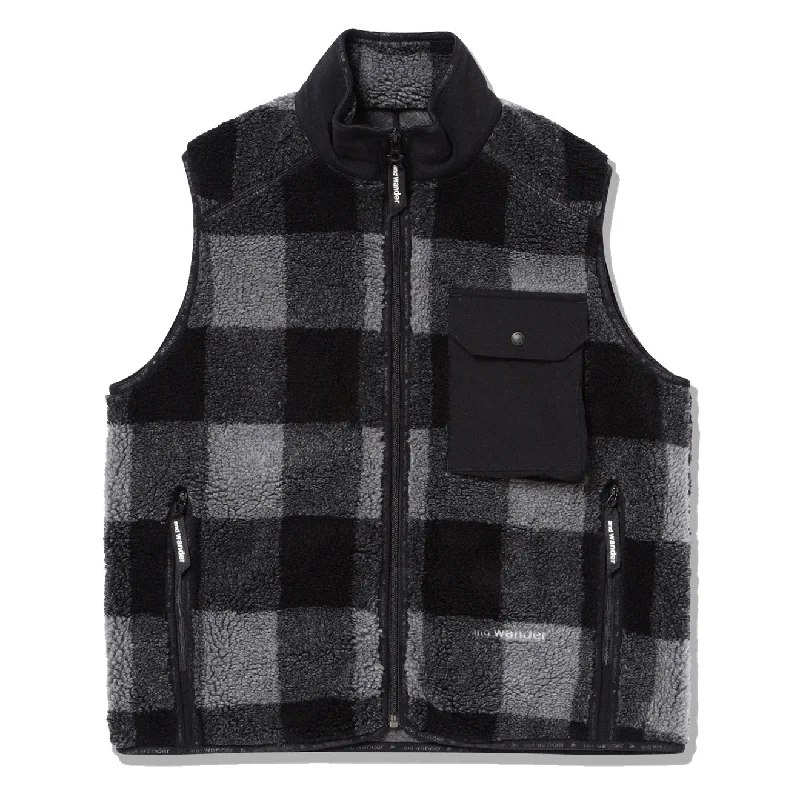 And Wander Womens Check Boa Vest Gray Geometric